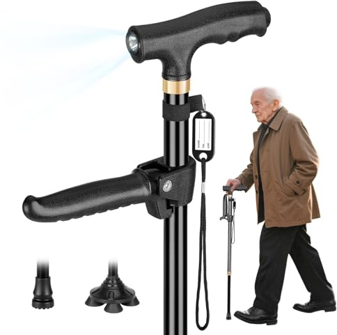 Canne de Marche réglable à Double poignée pour Hommes et Femmes âgées avec Pied pivotant à Quatre Voies et Base Unique avec Planche Anti-Perte
