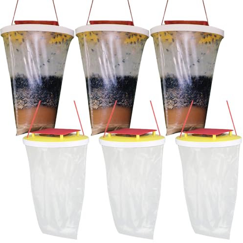 Pièges à mouches de 6 pcs suspendus extérieurs, sacs de pièges à mouches transparents jetables, capteur d'insectes de grande capacité pour House Garden Horse Barn