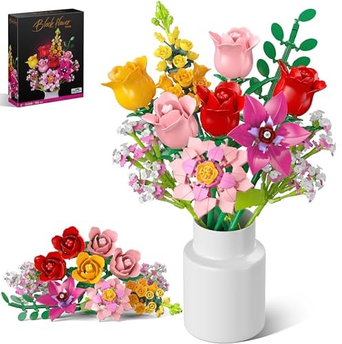 Bouquet de Fleurs, 11 Collection Botanique Blocs Construction Flowers Artificielles avec 5 Roses, Cadeau Noël, Fête des Mères, Saint-Valentin pour Adultes Enfants Filles 6+, 765 PCS