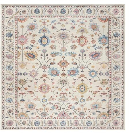 VARIKASHOM Teppich Quadratisch,Beige Creme Gelb Rosa Blumen Blau Haus Dekor, Bunt, 140 x 140 cm,Kurzflor Teppich Schlafzimmer Deko Wohnzimmerteppich Waschbar