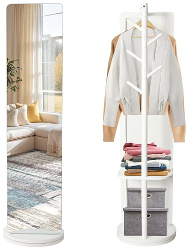 MOHQZA Ganzkörperspiegel | Standspiegel mit 360° Drehbar und Garderobenständer | Stehspiegel 164 * 40cm aus Massivholzrahmen Hartglas | Spiegel Ganzkörper für Schlafzimmer Wohnzimmer Garderobe