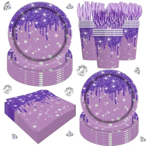 140 Pcs Purple Glitter Paper Plates Disposable Paper Dessert Plates Napkins and Forks Party Tableware Set Happy Birthday Table Decorations for 20 Guests Purple Birthday Wedding Theme Party