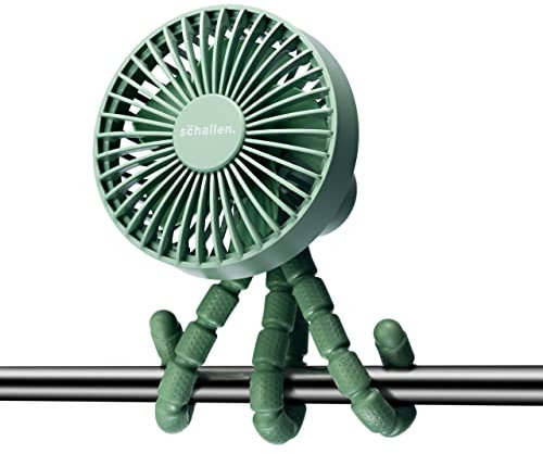Schallen Rechargeable 4 Way Portable Lightweight Fan for Pram Fan, Car Seat, Desk, Office, Travel Fans | Clip on, Handheld, Tripod & Phone Holder (Green)
