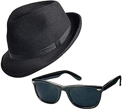 New Blues Brothers Hat & Sunglasses Shades Fancy Dress Set Stag Costume Gangster