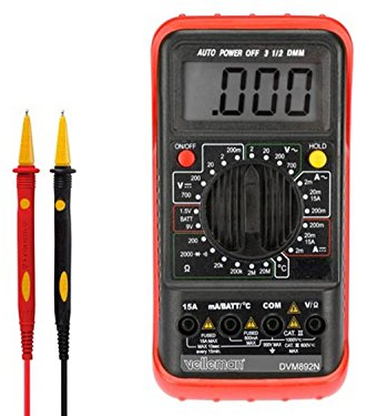 Velleman Digital-Multimeter, für Gleich-/Wechselstrom, Gleich-/Wechselspannung, Widerstand, Batteriespannung, Temperatur, Messspitzen
