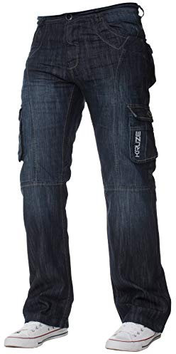 Hommes Kruze RECOUVERT Cargo Combat Jeans Noir délavé foncé Pantalon Jean Grandes Tailles - Pierre foncé Lavage, 36 W X 32L