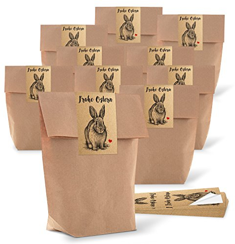 Logbuch-Verlag 25 kleine Papiertüten Ostertüten Osternest 14 x 22 x 5,5 cm MIT 25 Osterhase Osteraufkleber Kraftpapier Tüte