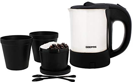 Geepas Travel Electric Kettle | Stainless Steel Housing, Boil-Dry & Overheat Protection | Heats up Quickly & Easily| Boiler for Hot Water, Tea & Coffee | 0.5L, Cord Storage |1000W | 2 Year Warranty