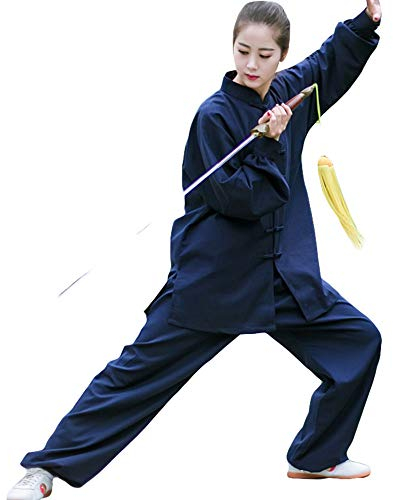 G-LIKE Tai Chi Uniform Anzug - Traditionelle Kampfkunst Taiji Kung Fu Qigong Wushu Wing Chun Shaolin Training Klassische Kleidung Lange Ärmel für Männer Frauen - Baumwolle Leinen (Marineblau, L)