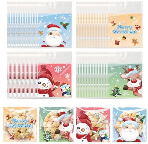 100pcs Christmas Cookie Treat Candy Bags, Self Adhesive Plastic Xmas Cellophane Bags for Party Favors