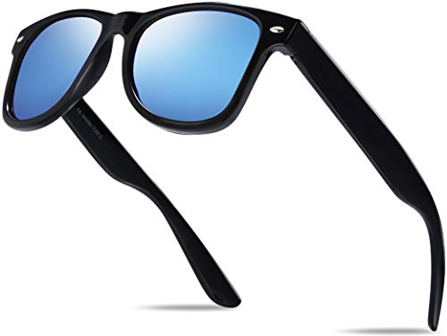 Hatstar Unisex Nerd Herren Sonnenbrille Verspiegelt | Retro Damen Sunglasses | UV400 CAT 3 CE | mit Federscharnier | (Black (Gläser: Blau Verspiegelt))