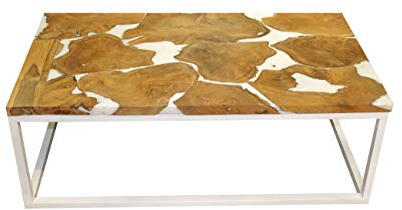 Couchtisch rechteckig aus Teak und Harz, weiß, modernes Design – Paulette