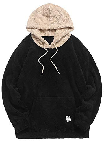 ZAFUL Herren Hoodie Plüsch Pullover mit Kängurutasche, Fuzzy Plüsch Teddy Kapuzenpullover für Herbst Winter (Schwarz+grau-XL)
