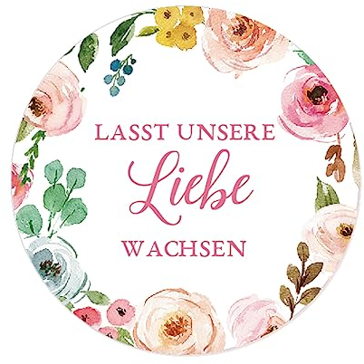 100x Kranz 'Lasst unsere Liebe wachsen' Aufkleber Sticker selbstklebende Etiketten zur Hochzeit Gastgeschenk, für Blumensamen,Samentüten,Blumentöpfe,Reagenzgläser 4cm rund - UNI 321 H
