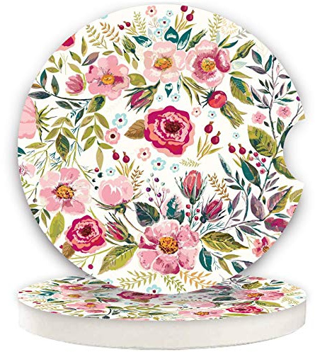 Lot de 2 dessous de verre de voiture pour femme - Fête des mères - 6,5 cm - En céramique - Absorbe les déversements pour garder les porte-gobelets propres, facile à enlever (fleur)