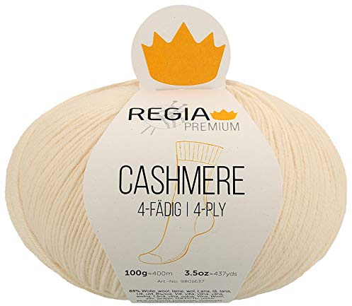 Schachenmayr REGIA Premium Cashmere Farbe 03, 4-fädig (4ply), Sockenwolle mit Kaschmir, 100g ca. 400m, Nadelstärke 2-3 mm, 03 Vanille