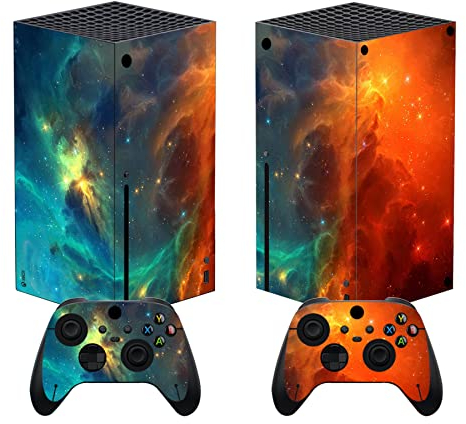 PlayVital Pegatina para Xbox Series X - Calcomanía Vinilo Skin Adhesivo para Consola y Mando, Diseño Duradero, Protección Antirayaduras, Fácil de Colocar y Quitar (Universo Naranja)