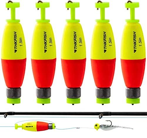 THKFISH Fishing Bobbers Eva-Schaumstoff-Schwimmer, Rot/Gelb, zum Aufstecken, Feder-Angelboje, Snap-On-Feder-Posen, beschwert, zigarrenförmig, für Crappie, 6,4 cm, 5 Stück
