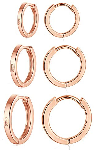 wynn's Silver Hoop Earrings for Women, 925 Sterling Silver Unisex Small Sleeper Hoop Earrings, Rose Gold Hooped Huggie Cartilage Earrings for Women Men Girls (8+10+12mm)