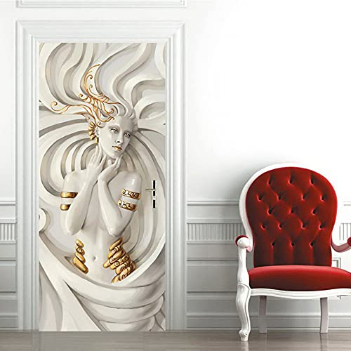 A.Monamour Türtapete Selbstklebend Türfolie Türposter 3D Geprägte Frau Weiße Figur Skulptur Mit Goldenem Element Vinyl Folie Türdeko Tapete Wandbild Türaufkleber Türtattoo 77 x 200 cm