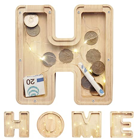Sparschwein aus Holz, Sparschwein in Buchstabenform - H O M E, Money Box I Piggy Bank I Hochwertige Spardose I Tolle Geschenkidee, Spardose zur Taufe/Geburt/Kommunion (Buchstabe - H)