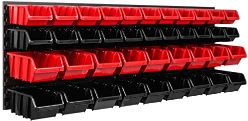 SimpleThing Lagersystem Werkstattregal | 115 x 39 cm | 40 stck. Box | Wandregal mit Stapelboxen - Wandplatten Extra Starke Schüttenregal Warkzeuglochwand Lagerregal Garage Regal