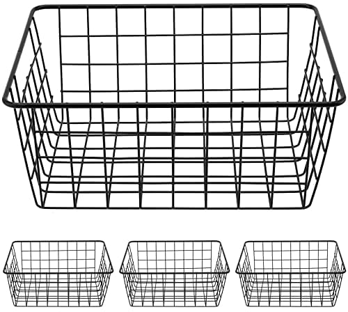 PINGEUI 4 PCS Black Metal Wire Baskets, Wire Organiser Storage Baskets with Handles, Metal Wire Basket Organiser for Kitchen Cabinet, Pantry, Closet, Bedroom, Bathroom, 28 x 22 x 12cm