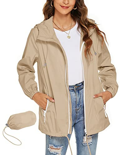 Rapbin – Manteau de pluie imperméable à capuche, léger, coupe-vent, pliable, pour femme, kaki, L