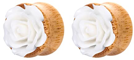 Whoiy Holz Stecker Ohr, 2er Set Holz mit Rosenblüte Ohr-Expander, Weiß Ohrexpander für Damen und Herren