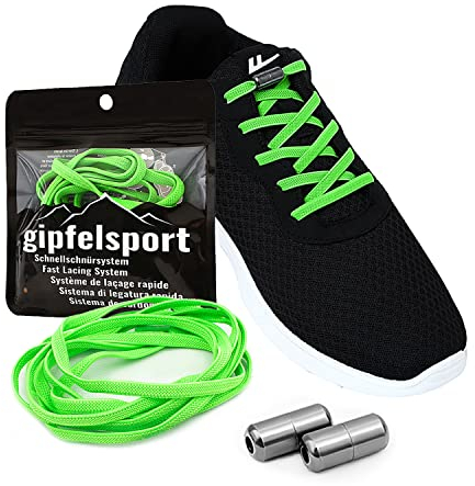 gipfelsport Elastische Schnürsenkel mit Metallverschluss- Gummi Schnellschnürsystem ohne Binden | Schuhbänder flach | für 1xPaar Schuhe, neon-grün