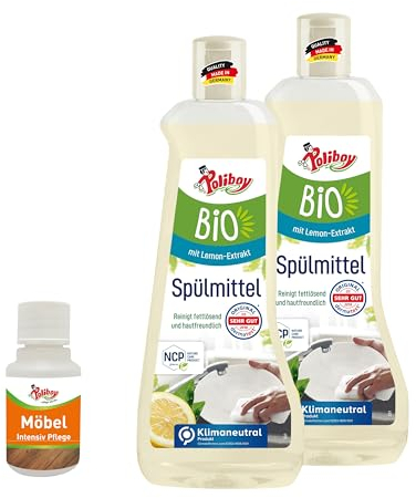 POLIBOY BIO Spülmittel lemon - Fettlösendes Geschirrspülmittel zur Reinigung von Kochzubehör - Vegan - 2x 500 ml - Mit Produktprobe - Made in Germany