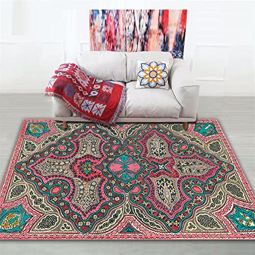 Liveinu Tapis Vintage Tapis de Salon, Salle à Manger, Lavable et antidérapant pour Chambre, Cuisine, Tapis Boheme Chic, Style Oriental Vieilli, Tapis Coloré Poil Court, Rose Rouge, 50x80cm