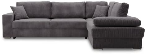 Ecksofa FESTINA 290/230 mit schlaffunktion und Bettkasten - L-förmig - Stoff Cordstoff - Eckcouch mit dekorativen Kissen (RECHTS, POSO 022 Dunkelgrau)