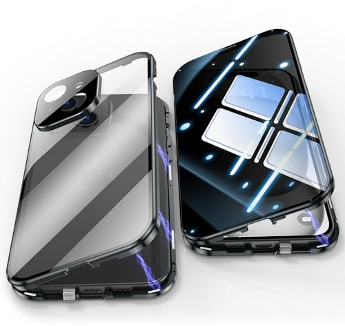 Jonwelsy Anti Peeping Hülle für iPhone 15, 360 Grad Schutz Case, Privatsphäre Gehärtetes Glas Anti-Spähen Cover, Stark Magnetische Adsorption Metallrahmen Handyhülle für iPhone 15 (Schwarz)