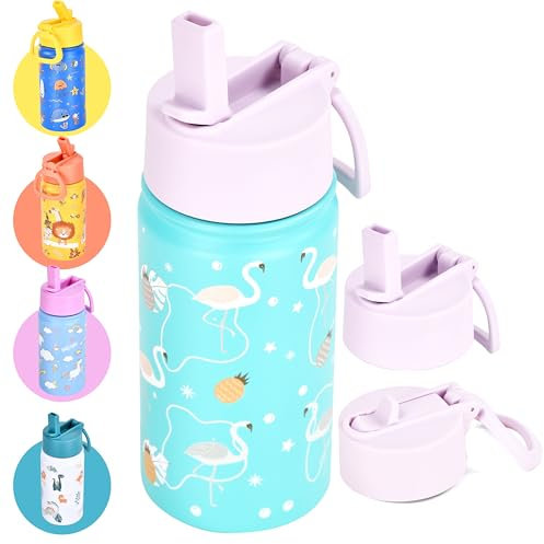 HYDRATE Bottles Trinkflasche Kinder Edelstahl - 350ml - Flamingo-Aufdruck mit rosa Deckel - Einhandbedienung - Edelstahl Wasserflasche Stainless Steel Thermosflasche Kinder