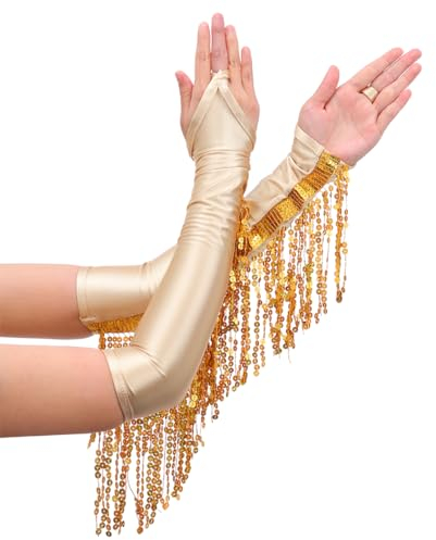 Brishow Damen Lange Pailletten Quaste Handschuhe Satin Fingerlose Handschuhe 1920er Opera Kostüm (Gold)
