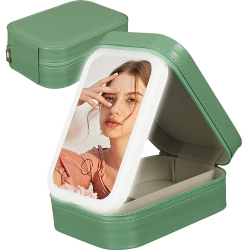 Trousse de maquillage avec miroir lumineux, trousse de maquillage avec miroir, 3 couleurs LED, organiseur de voyage portable avec séparateurs, vert, Trousse de toilette avec miroir