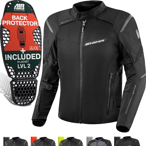 SHIMA RUSH Motorrad Jacke Herren mit Protektoren Textil AIRFORCE Rückenprotektor Wasserdicht Motorradjacke Sommer Motorradkombi Motorradhose Mesh Touren (Schwarz, Männer, Schutzjacken, Größe XXL)
