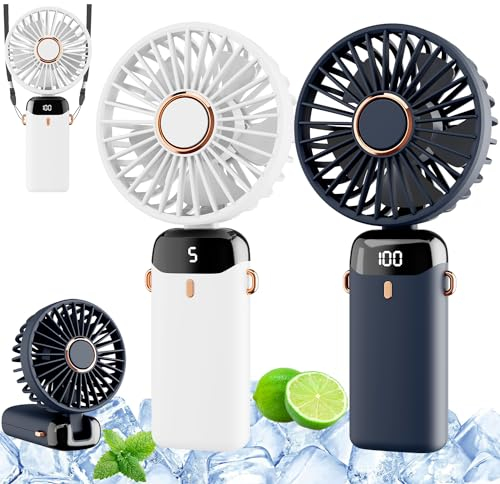 2Pack Portable Handheld Fan, 4000mAh Rechargeable Personal Fan with 5 Speeds, Hand Held/Desk/Neck Fan 3 in 1 Mini Fan with Base, LED Display Foldable Battery Operated Small Fans for Outdoor Indoor