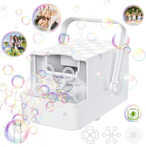 Panamalar Macchina Bolle Sapone, Portatile Automatica Macchina per Bolle 3 Tipi Bacchette per Bambini, 10000+ Bolla con 300ml Soluzione Contenitore/2 Velocità per Festa All'aperto Matrimonio-Bianco