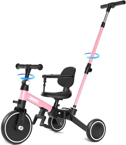 KORIMEFA Bicicletta per bambini, Triciclo a 3 ruote per bambini da 1-3 anni,maniglia di spinta, pedale rimovibile,schienale,maniglia di guida per i genitori,Natale per il primo compleanno (Rosa)