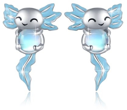 Axolotl Ohrstecker für Frauen - 925 Sterling Silber Blaues Mondstein Ohrringe - Hypoallergen Tier Schmuck - Mexikanisches Geschenk für Damen Mädchen