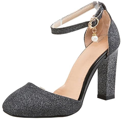 HSyc JRX Escarpins à paillettes avec bride à la cheville et talon bloc pour femme, Noir , 39.5 EU