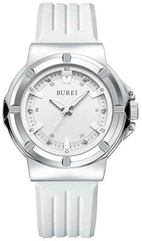 BUREI Montre analogique étanche unisexe à quartz japonais pour homme et femme avec cadran facile à lire et bracelet en silicone respirant - Cadeau classique pour homme et femme, Blanc.