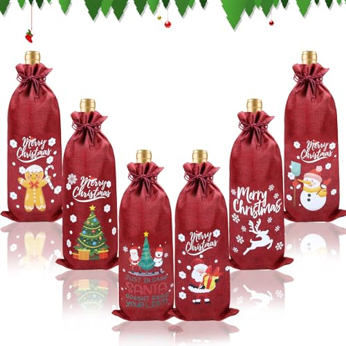 6 Stück Weihnachtliche Geschenktüten Flaschentüten, Jute-Fweintasche, Wiederverwendbare Flaschenbeutel mit Kordelzug, Perfekt für die Aufbewahrung von Wein Weihnachtssüßigkeiten zu Partys Geburtstagen