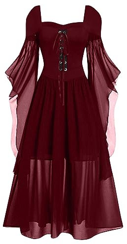 TOFOTL Deguisement Halloween Adulte Rétro Victorienne Casual Outdoor Tenue Couleur Uni Robe Noel Medieval Manches Longues Large Costume Halloween Adulte Femme Automne Noel Pas Cher 01 Vin M