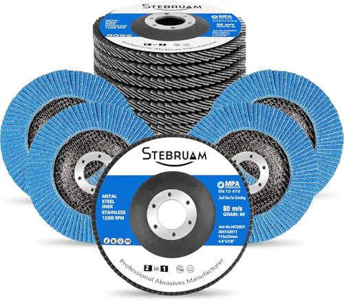 STEBRUAM 12 Pack 115mm discos de láminas, Amoladora Angular Lijado Disco 60 Grit Zirconia Muelas Discos para Pulir Soldadura Juntas Óxido de Aluminio Abrasivos Discos Tipo 29 Amoladora Discos