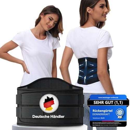 DONNER KRAFT Rückenstützgürtel Testsieger für Herren und Damen – Rückengurt Rückenschmerzen zur Unterstützung der Lendenwirbelsäule und Stabilisierung im Alltag + Ebook Leitfaden (L)