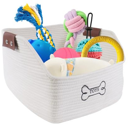 Ctomche Cotton Rope Dog Toy Storage Basket With Leather Handles - Collapsible Pet Bin for Cat Toys, Leash, Collar, Blankets, Chewproof