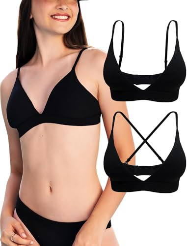 KUKU PANDA 2 Pack Damen Triangel Bralette Bequeme Baumwolle Wireless gepolsterte BHS Lightly Lined V-Ausschnitt (Schwarz, M